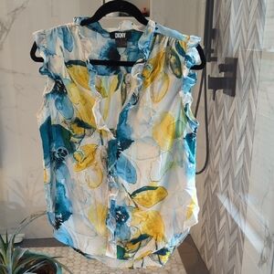 DKNY Women's Sleeveless Floral Blouse - Blue, Yellow, and White